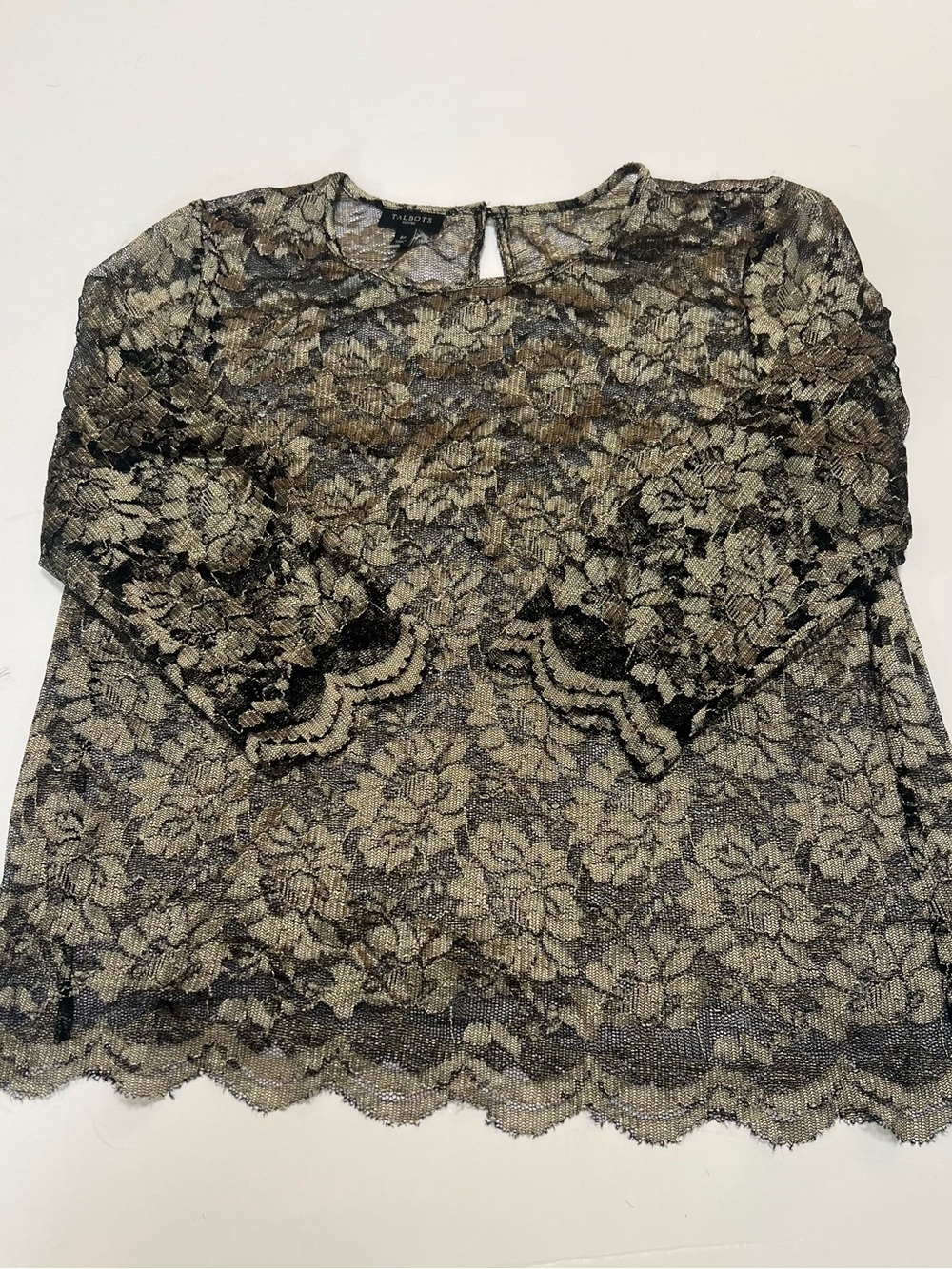Talbots Black and Gold Lace Floral Long Sleeve Top